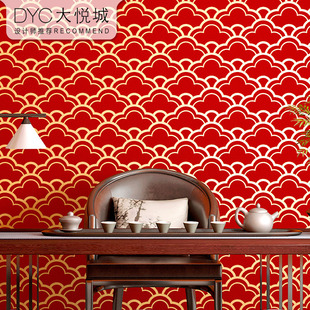 中式复古风格壁纸饭店茶室仿古典非自粘刷胶无胶大红色故宫红墙纸