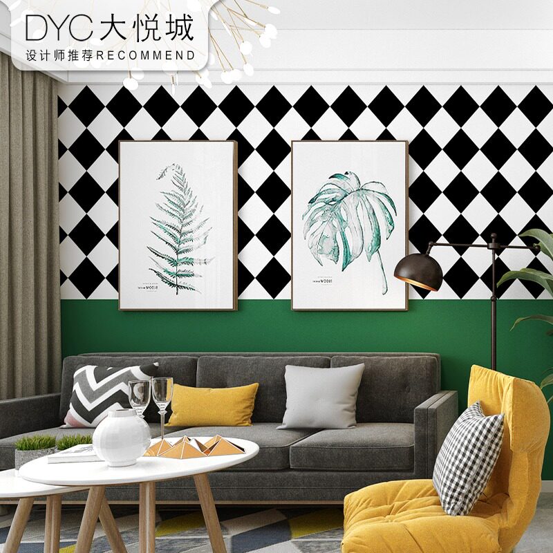 北欧风格墙纸美式乡村黑白菱形格子松花绿墨绿色客厅卧室背景壁纸