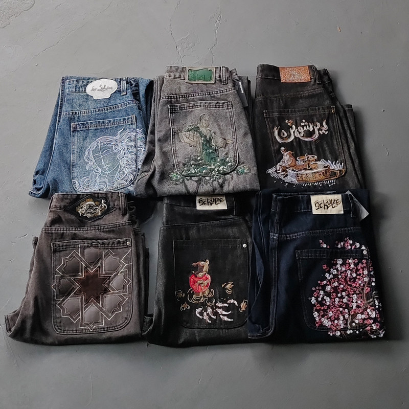 Derschutze chrome cool style American heavy industry embroidery statue straight jeans men's trendy pants