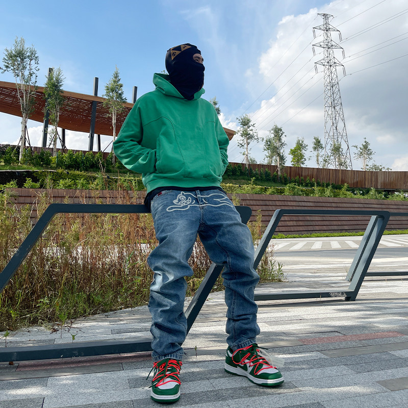 马思唯同款bbc美式高街嘻哈飞狗印花直筒丹宁牛仔裤休闲长裤男潮