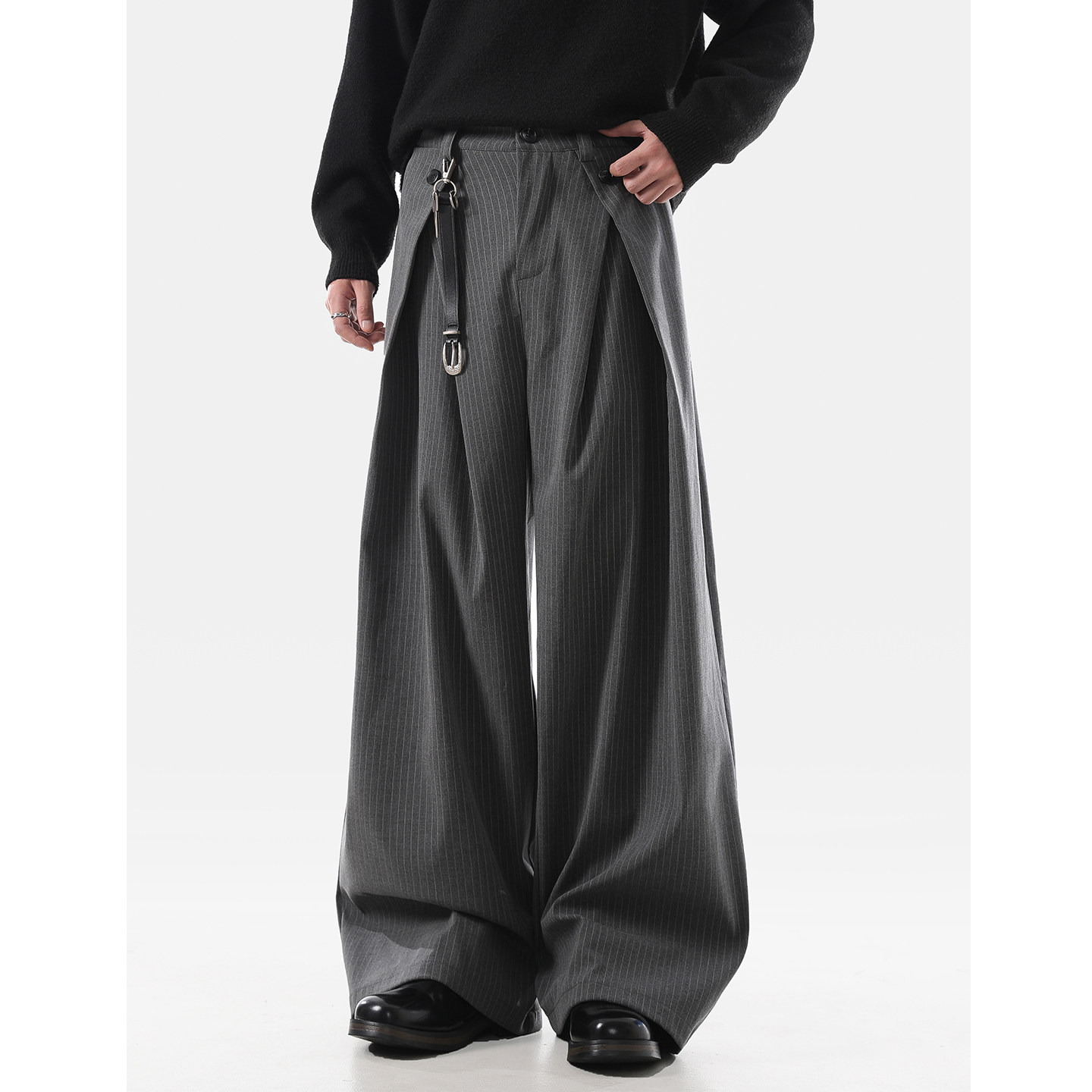 thumbnail for ACRARDIC2026老钱风灰色打褶A字阔腿西裤男女廓形通勤条纹休闲裤