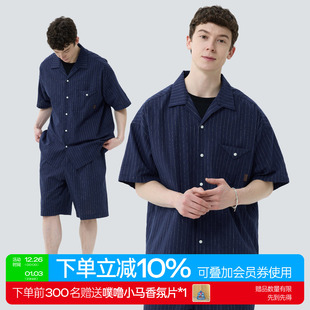 衬衫 warmtrees 上衣度假风亚麻藏青竖条纹短袖 夏季 2025新款