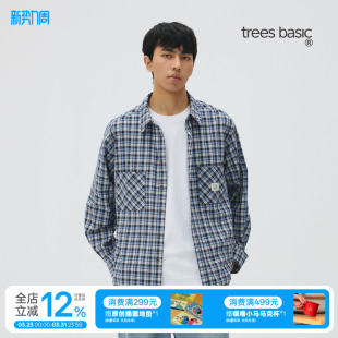 新款 TreesBasic 男2026春季 衬衫 深蓝格纹复古口袋长袖