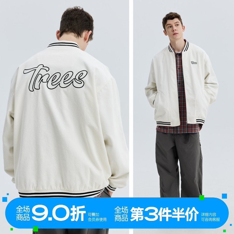 Trees绣花工艺灯芯绒棒球外套
