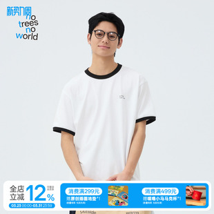 宽松休闲夏装 warmtrees 夏季 t恤男女款 松弛复古罗纹撞色印花短袖