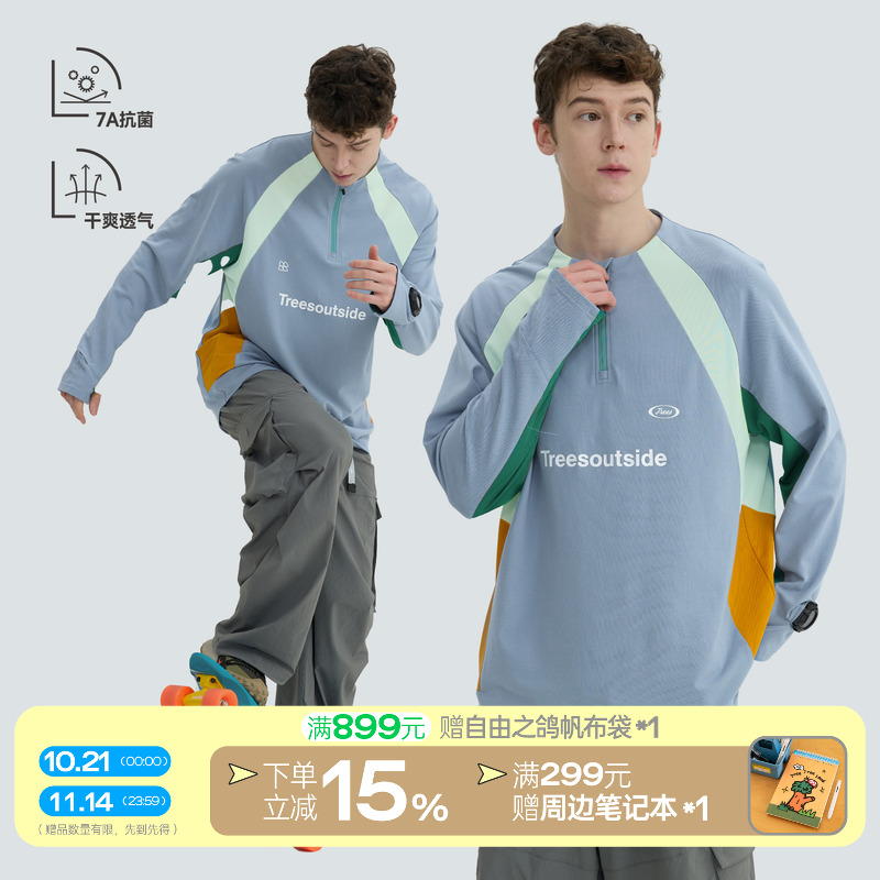 WARMTREES 2025户外反光烫标7A抗菌复古拼色半拉链透气骑行服长袖