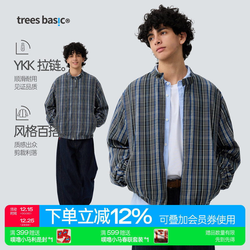 TreesBasic灰蓝格子防风短夹克