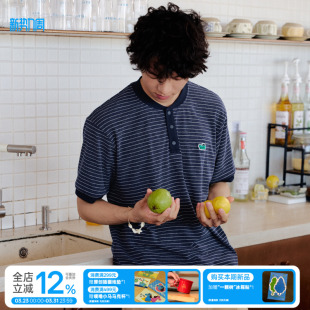 t恤 男女夏季 warmtrees 「白日梦克罗克·树」印花亨利领条纹短袖