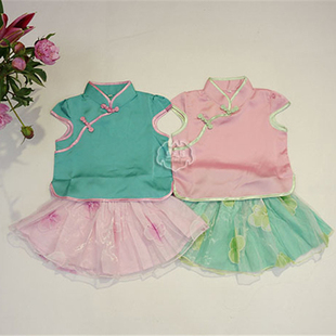 断码女童唐装儿童舞蹈表演套裙夏4-8周岁宝宝庆生礼服纱裙两件套