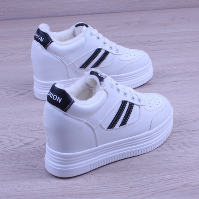 2025年冬季新款系带加绒加厚棉鞋厚底松糕毛毛内增高小白鞋女鞋子