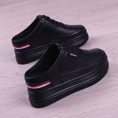 春秋新款皮面懒人鞋厚底全黑半拖