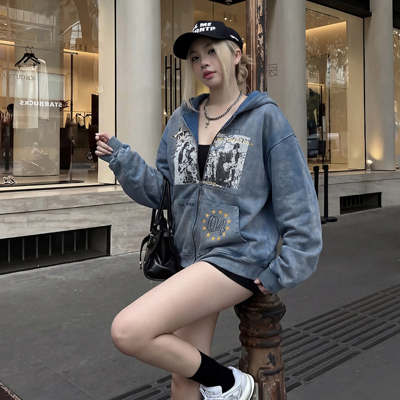 FOFWMODE 美式街头做旧印花连帽卫衣外套休闲宽松潮流个性上衣