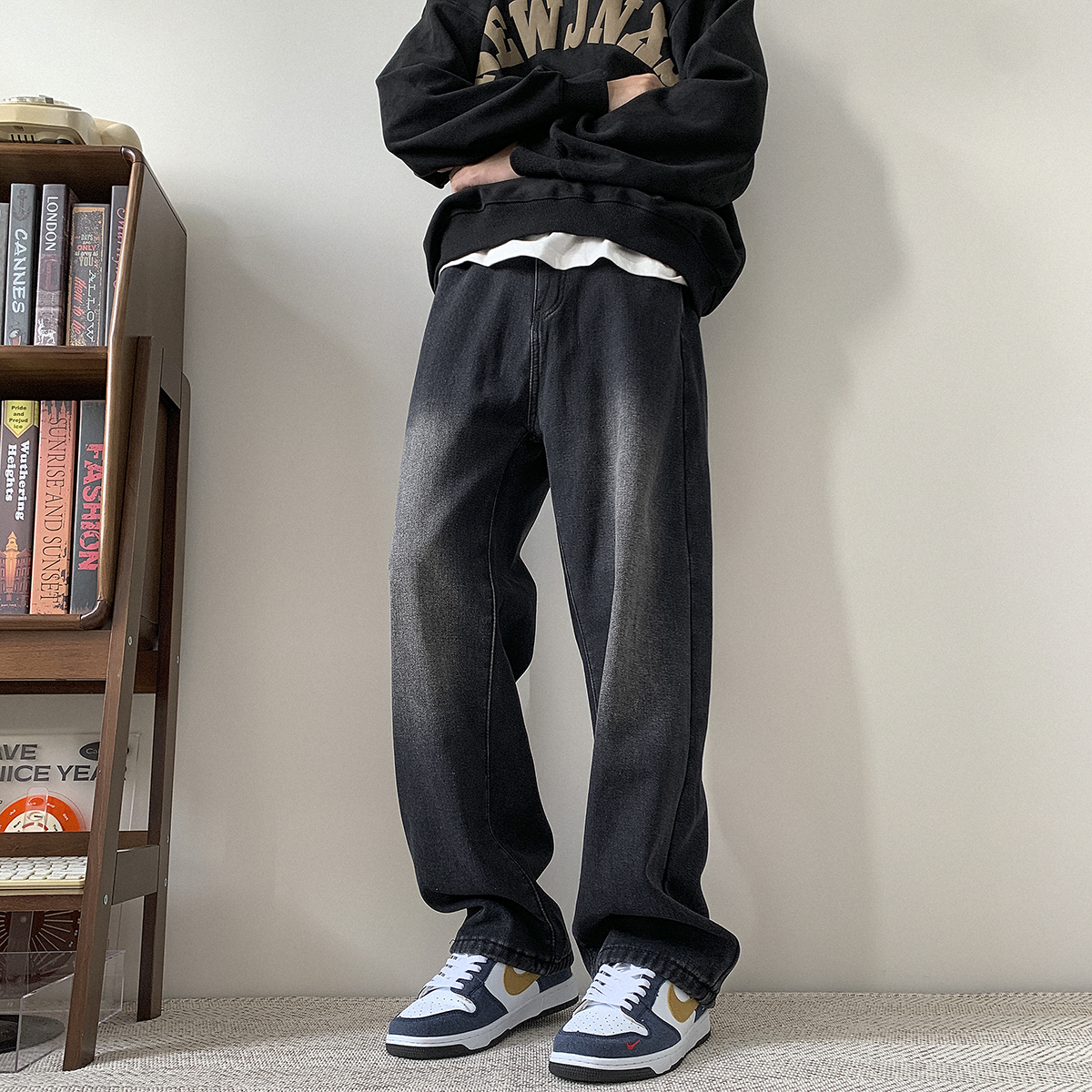 方少男纯色百搭水洗长裤牛仔裤