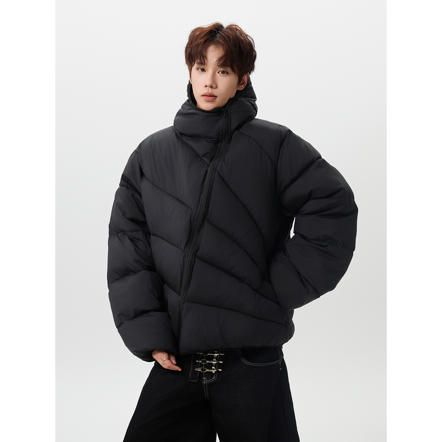 FOFWMODE美式斜拉链排骨纹连帽棉衣男纯色加厚保暖休闲棉服外套潮