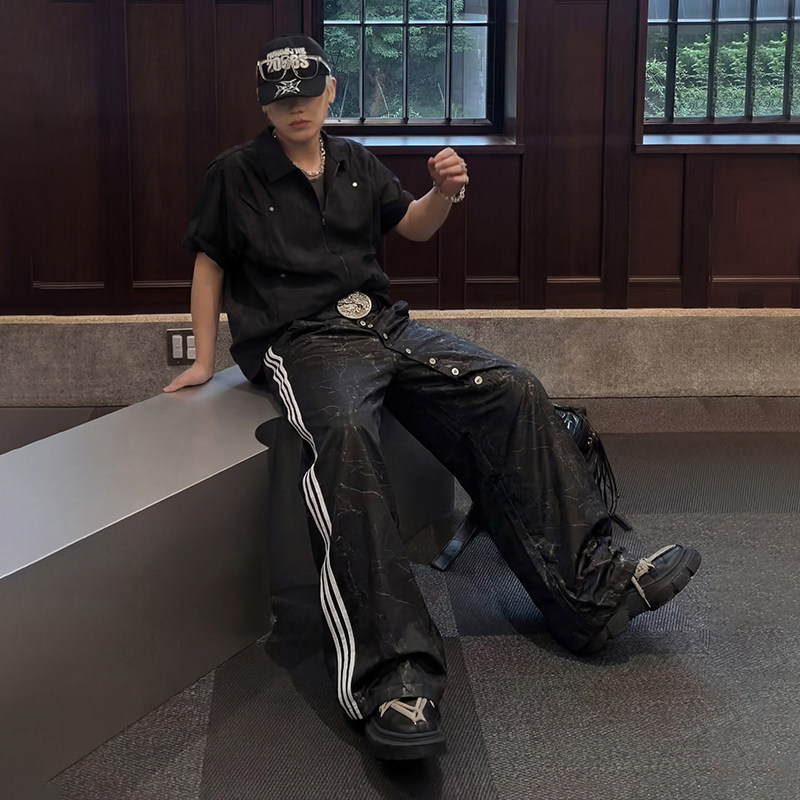 FOFWMODE 春季新款爆裂纹皮裤小众排扣设计潮流黑色条纹百搭长裤