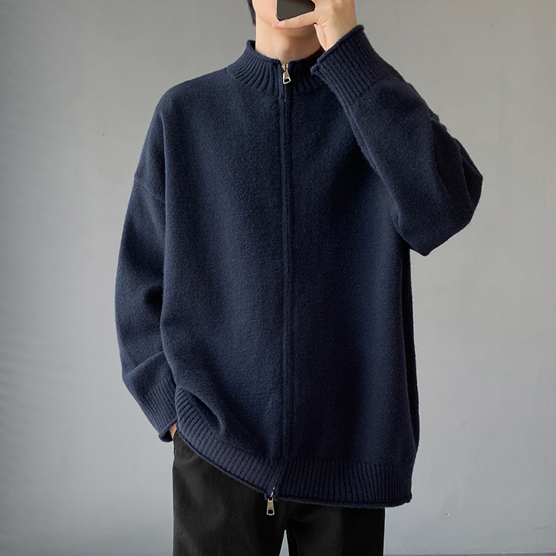 FOFWMODE 秋冬季美式小立领开衫毛衣男女宽松纯色针织衫潮毛线衫