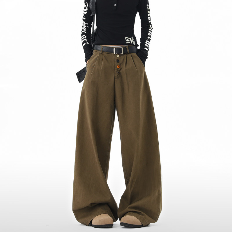 FOFWMODE 美式复古彩色纽扣水洗工装裤男宽松百搭情侣直筒阔腿裤