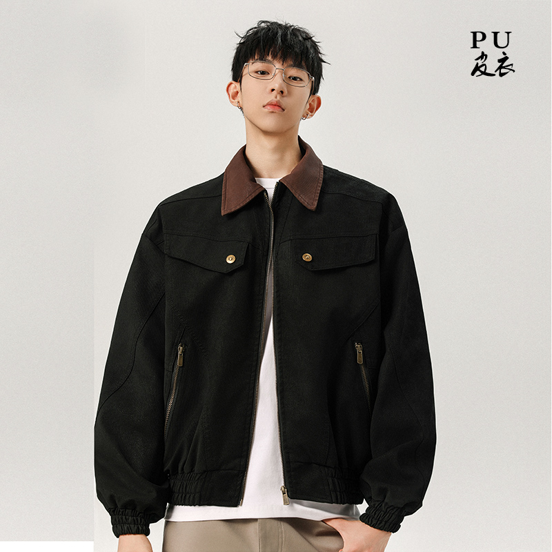 FOFWMODE 复古做旧水洗PU皮衣男宽松百搭潮牌廓形休闲夹克外套