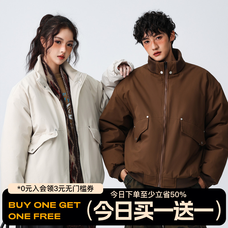 FOFWMODE冬季情侣大口袋立领棉服男女宽松复古加厚保暖面包服外套