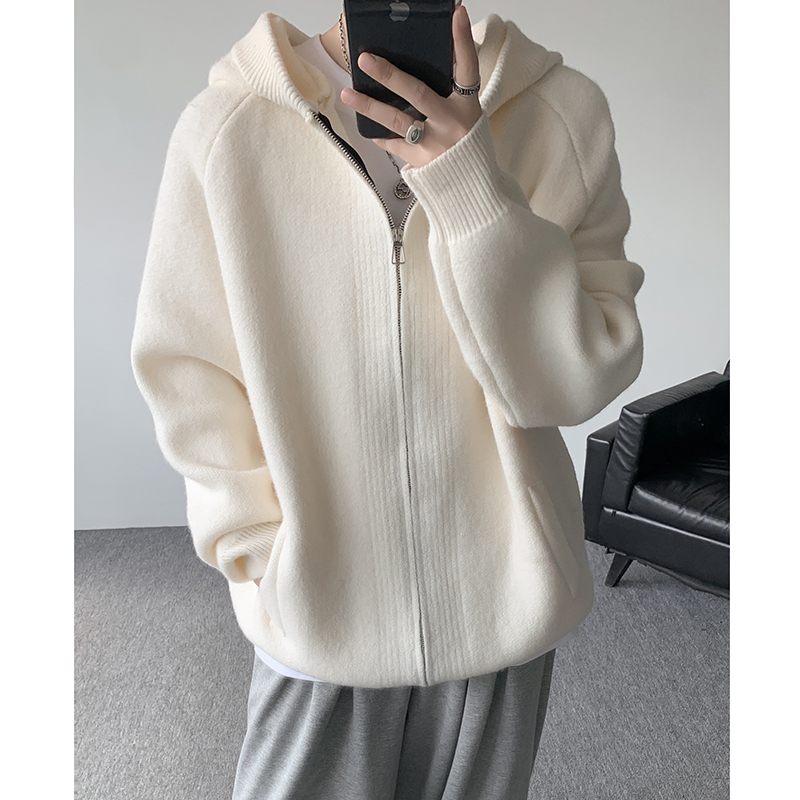 FOFWMODE秋季美式复古慵懒风针织开衫男宽松百搭休闲连帽毛衣外套