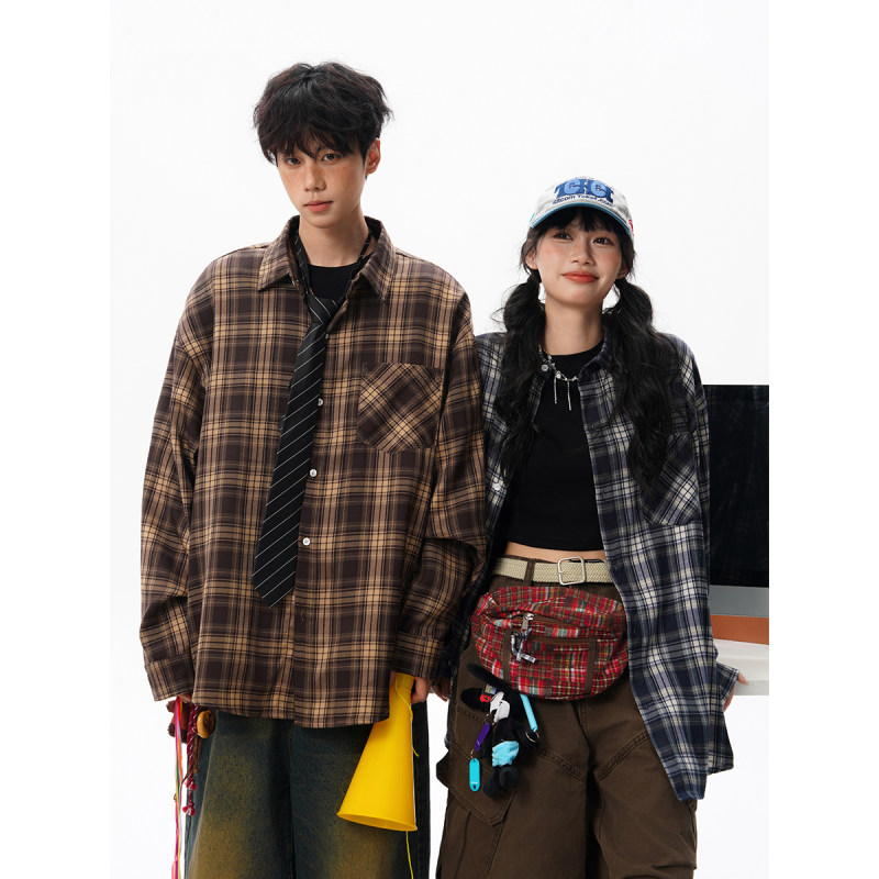 FOFWMODE 美式复古格子长袖衬衫男宽松百搭潮牌休闲情侣衬衣外套