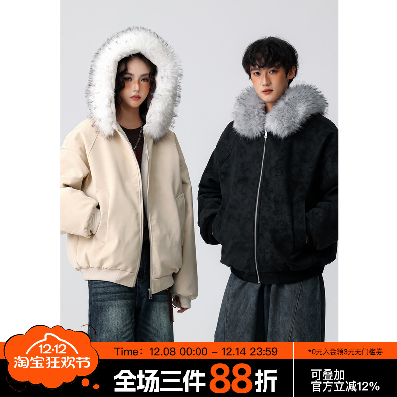 1500g重磅PU皮荔枝纹大毛领棉服男女宽松情侣加绒加厚棉衣外套冬