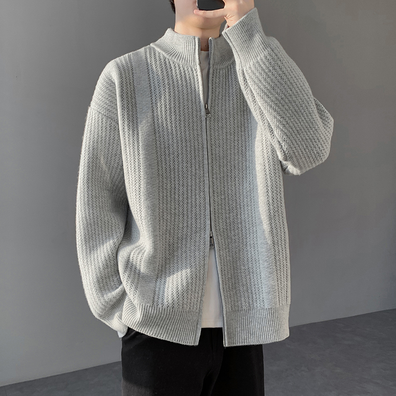 FOFWMODE 秋冬季美式镂空小立领开衫毛衣男女宽松纯色针织衫外套