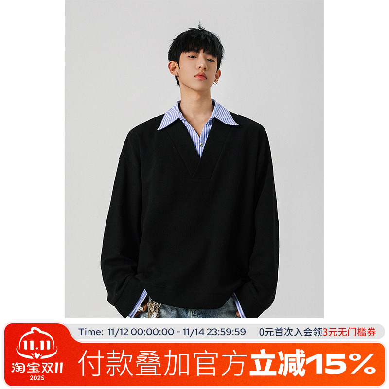 FOFWMODE 美式华夫格假两件拼接衬衫领卫衣男宽松休闲百搭上衣潮