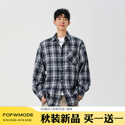 FOFWMODE秋季美式复古黑白格子长袖衬衫男女宽松休闲百搭潮牌衬衣
