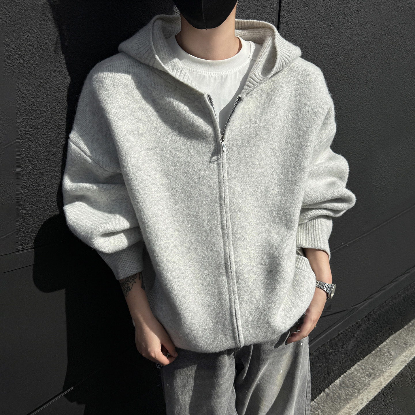 FOFWMODE秋冬美式纯色连帽开衫毛衣男女宽松老钱风复古针织衫外套