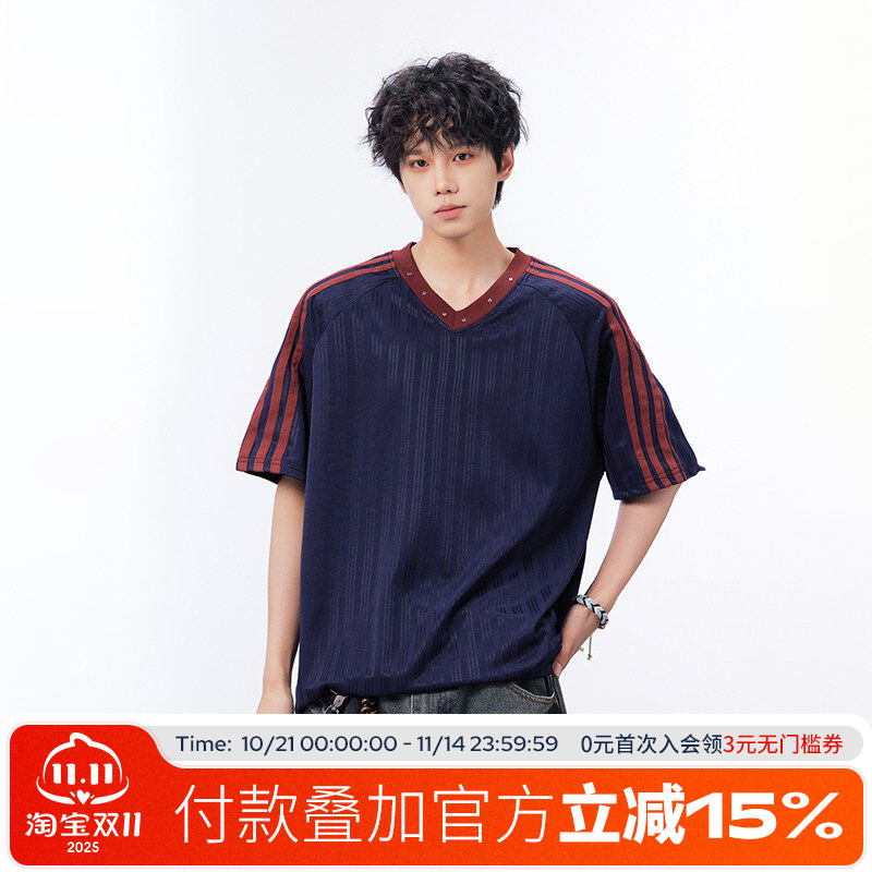 FOFWMODE 美式复古运动条纹撞色短袖T恤男拼接宽松休闲V领上衣潮