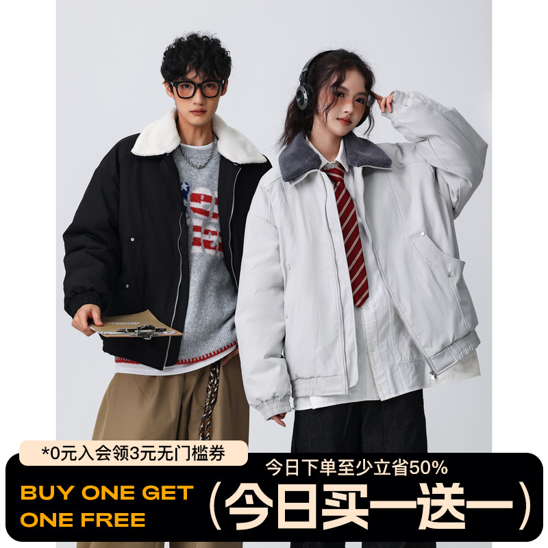 FOFWMODE 冬季羊羔毛翻领工装棉服男女宽松高街潮牌加厚夹克外套