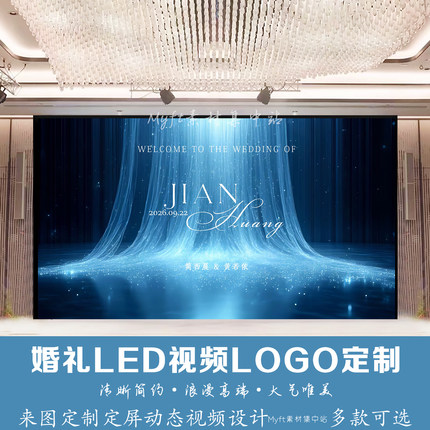 蓝色银河薄纱婚礼LED动态图LOGO定制光纤灯瀑布动态视频背景设计