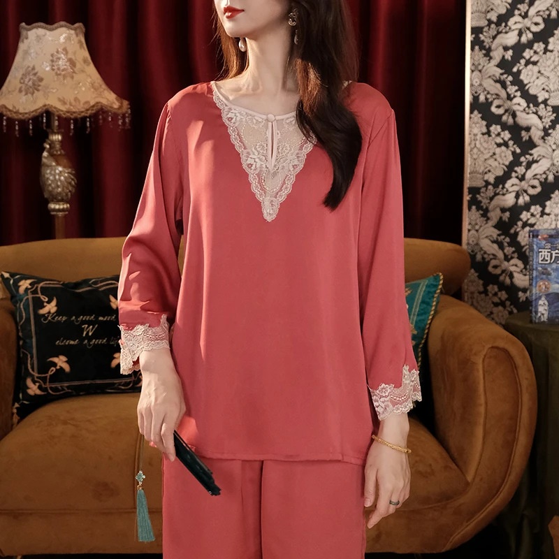 梵记真丝睡衣女夏季七分袖薄款春秋性感蕾丝冰丝两件套