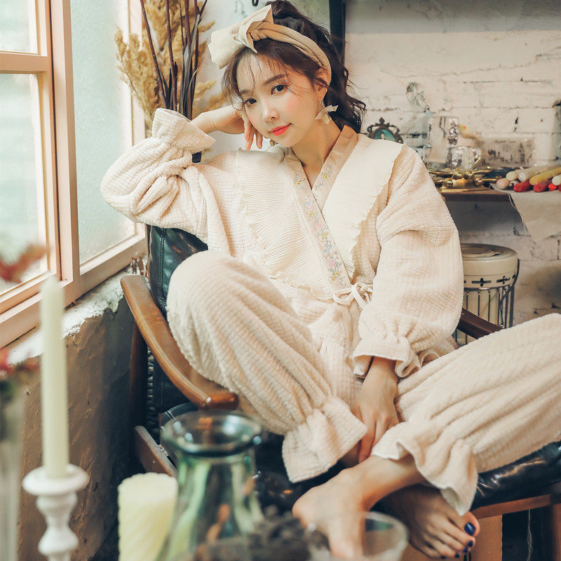 林梦世家月子服春秋冬珊瑚绒加绒加厚家居服产妇产后孕妇哺乳睡衣