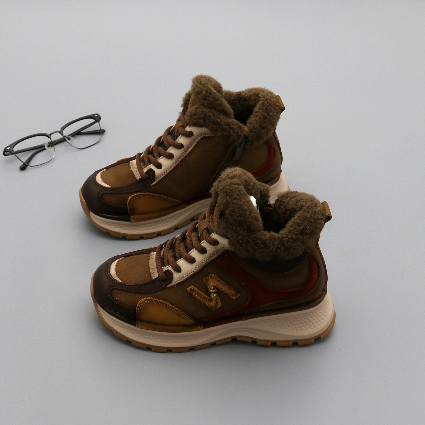 厚底真皮高帮鞋女加绒保暖棉鞋