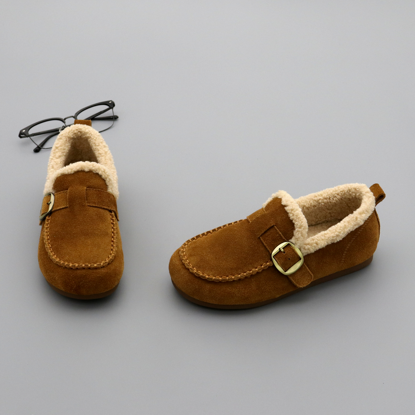 羊羔毛勃肯鞋女真皮加绒豆豆鞋