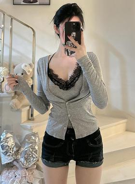 babykinG掐腰气质显瘦蕾丝背心收腰百搭2件套时尚新款开衫套装