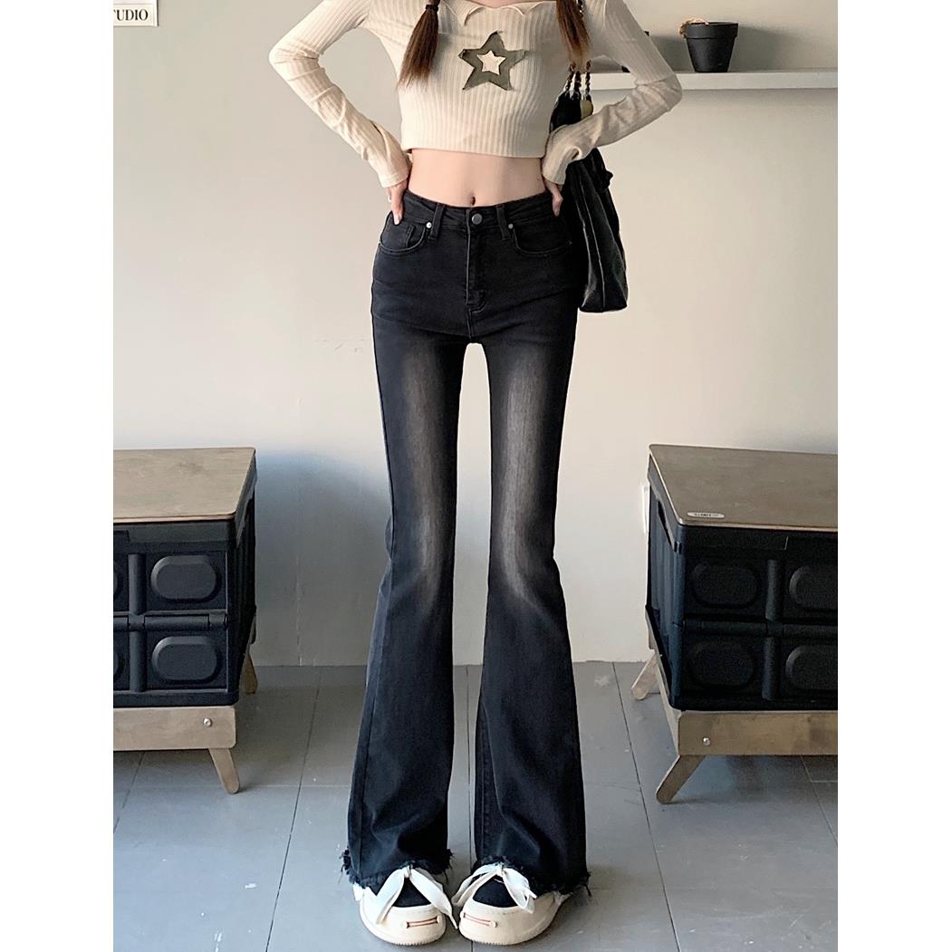 黑色水洗弹力牛仔裤女秋季复古低腰修身拖地长裤小个子微喇叭裤子