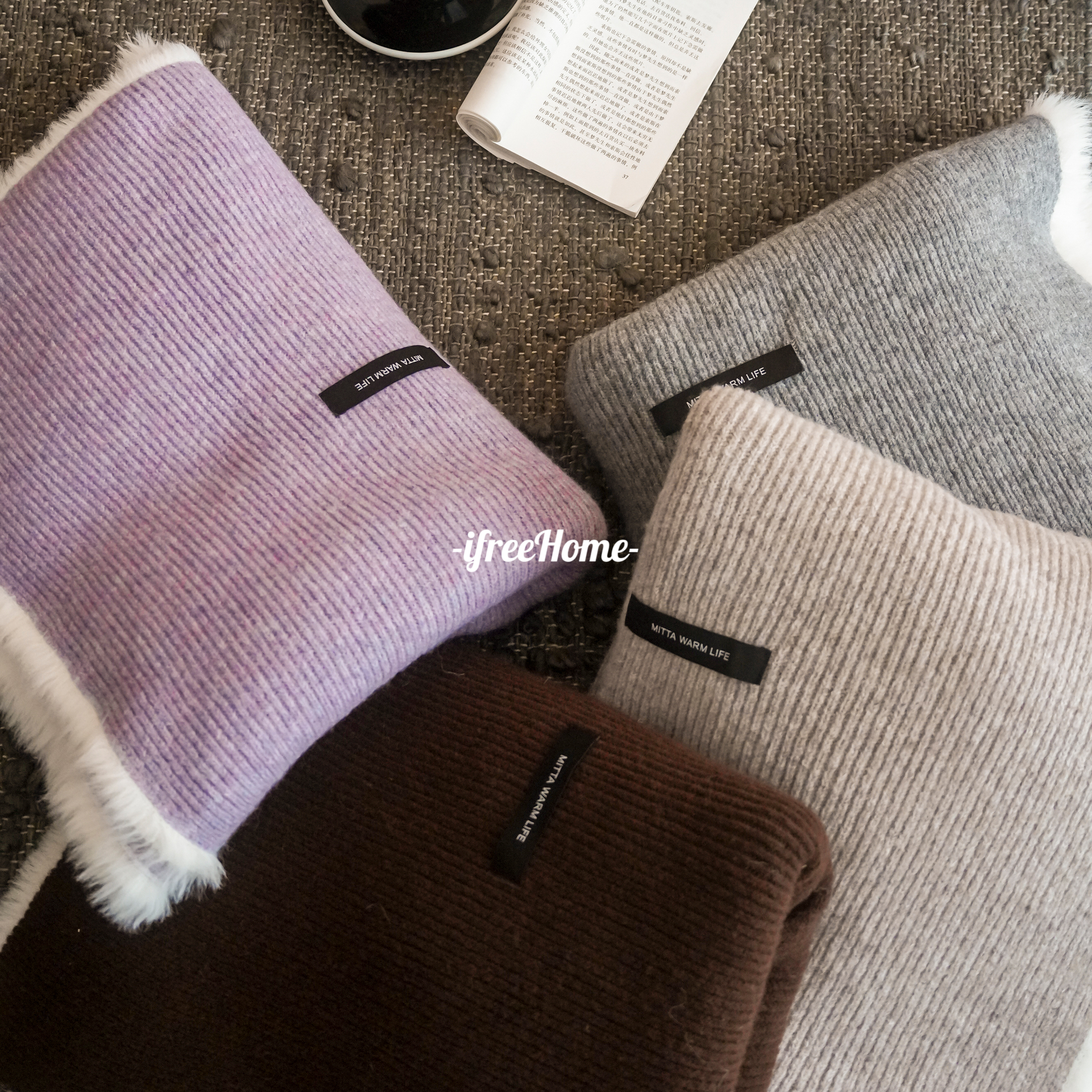 ins软糯针织羊毛手工编织毯 毛绒包边纯色极简沙发盖毯保暖午睡毯