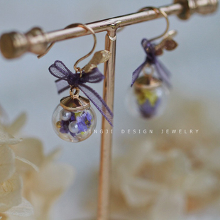 Singji星姬*花的姿态*天然干花永生花珍珠玻璃球蝴蝶结镀金耳环女