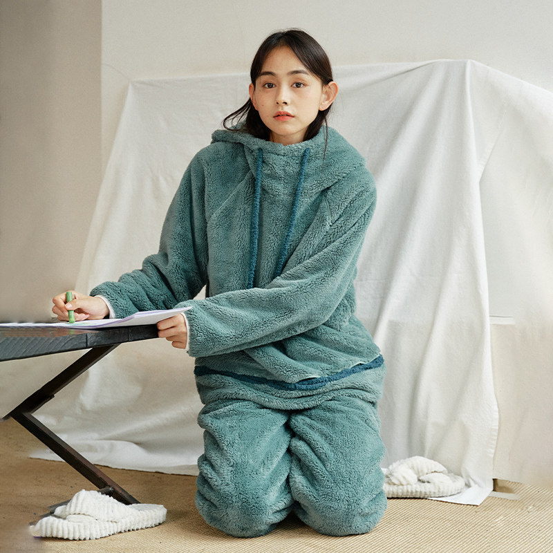 朵朵可可秋冬季加厚保暖连帽珊瑚绒宽松睡衣女长袖家居服套装