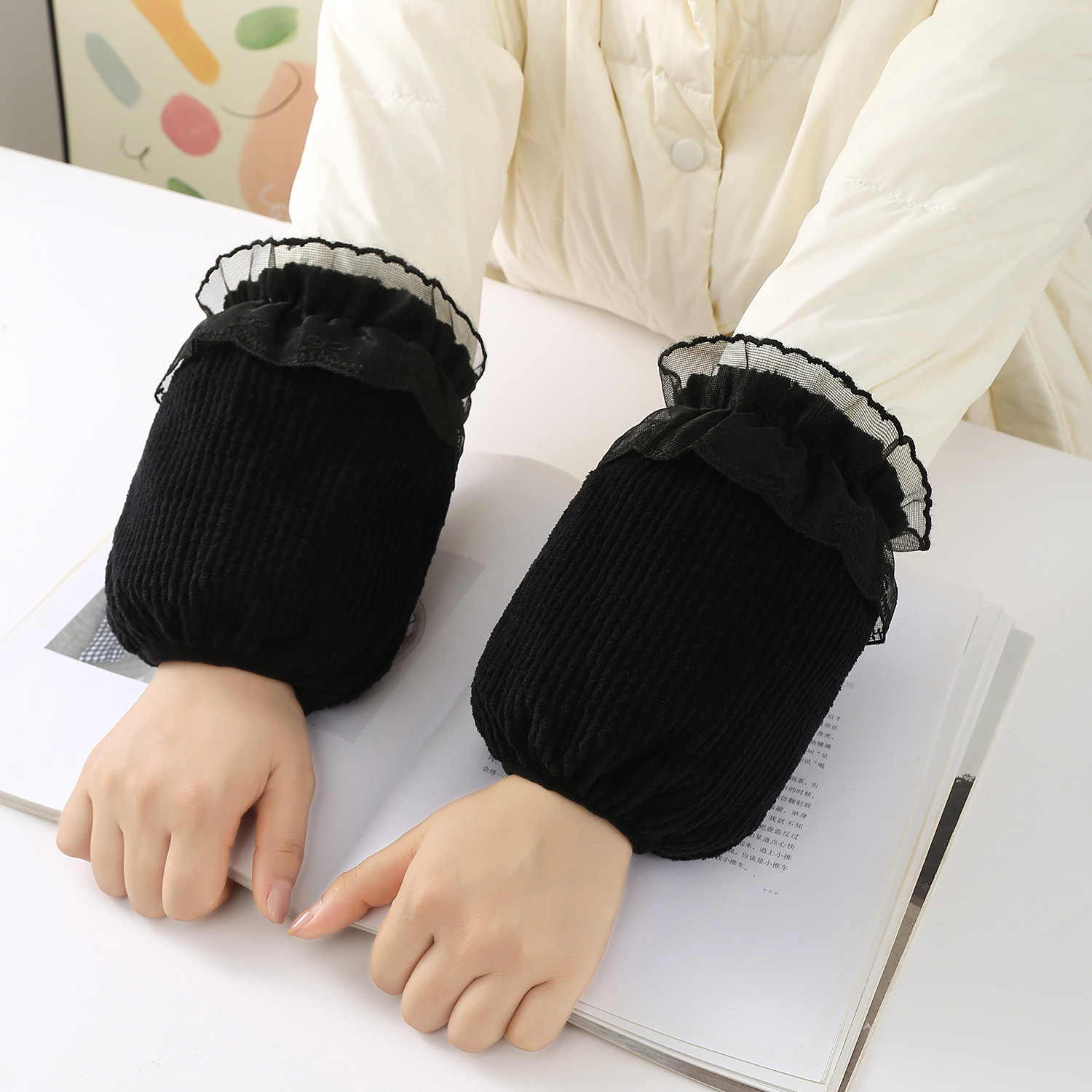袖套女短款蕾丝花边2025新款绒布羽绒服套袖成人办公防脏学生写字