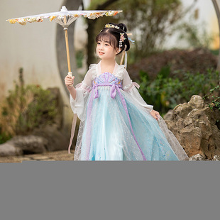 童加厚中国风 新款 古装 高端改良襦裙女涤纶公主紫贝壳加绒汉服