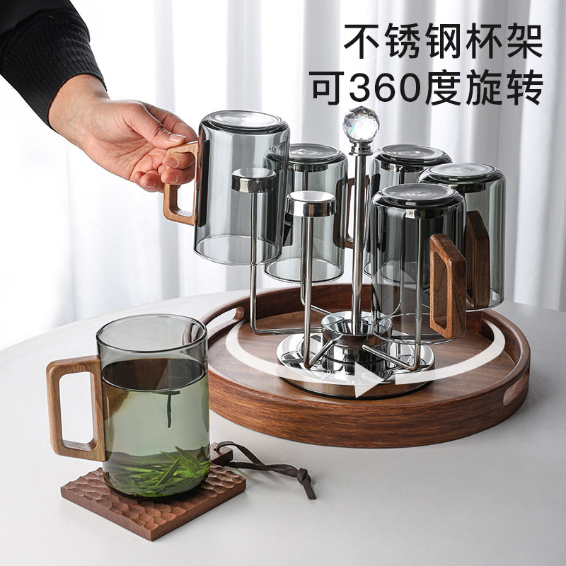 中式水杯家用套装精致高档带把杯子实木茶杯办公室专用泡茶玻璃杯