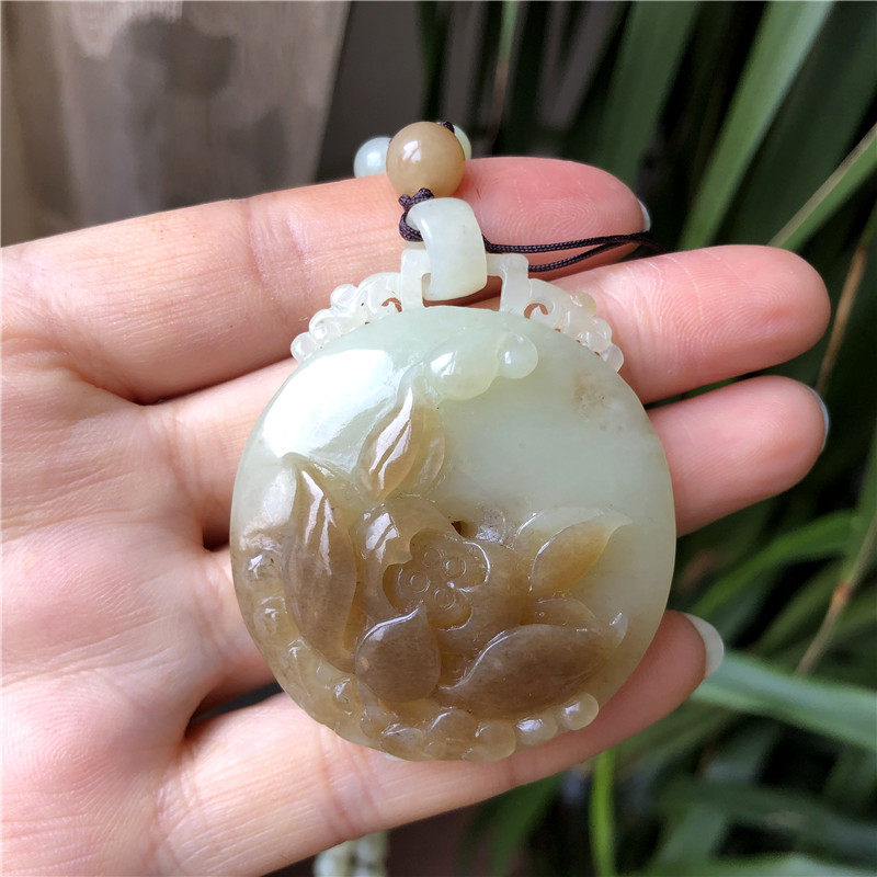 天然黄白老玉吊坠毛衣链荷花平安扣项链正品岫岩玉挂坠和田玉吊坠