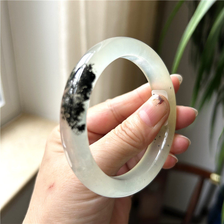 天然岫玉手镯玉石手镯女一物一图正品岫岩玉水墨飘花镯子圆条手镯