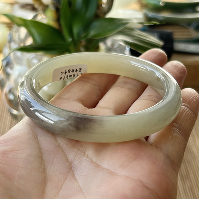 天然和田玉手镯烟紫晴水55.4原物实拍玉石手镯正品A货和田玉镯子