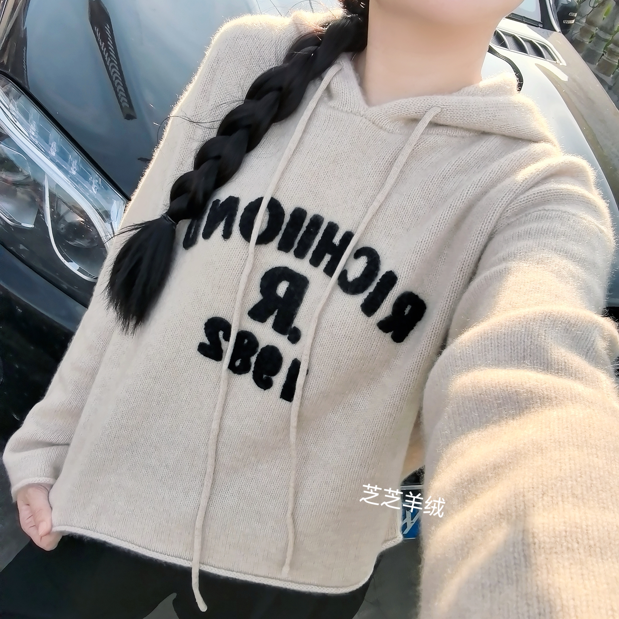 100纯山羊绒衫连帽休闲字母羊绒针织衫毛衣上衣卫衣款