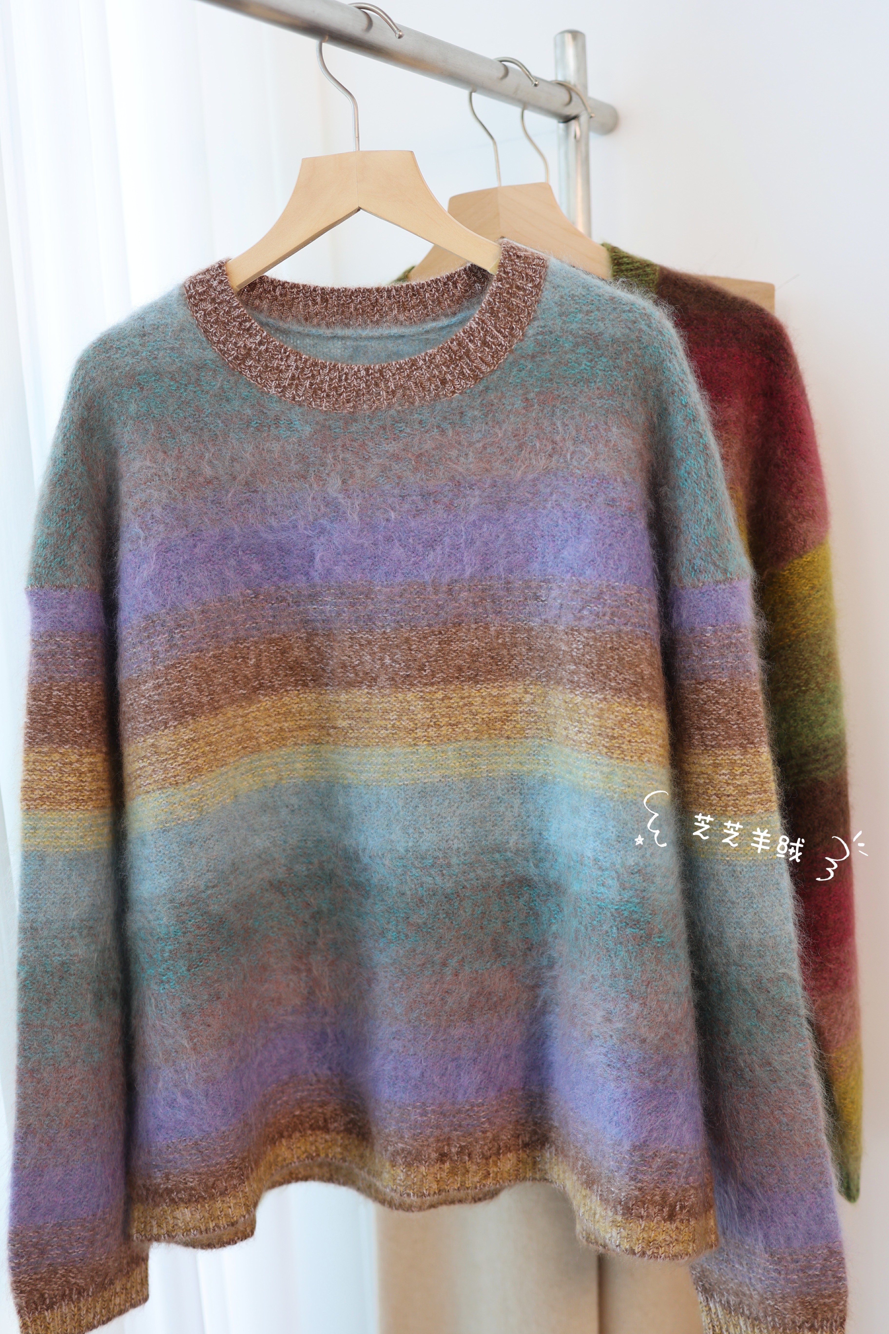 100%纯山羊绒衫拉绒拉毛彩色渐变圆领长袖套头针织衫宽松休闲毛衣